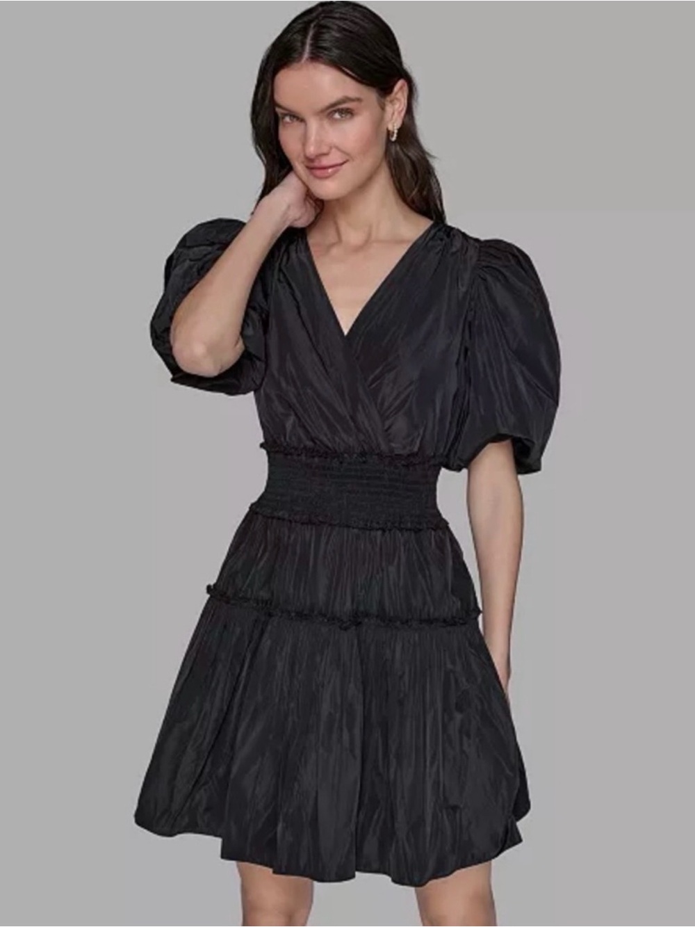 Karl Lagerfeld Paris Black Puff Sleeve Cinch Waist Mini Dress - Picture 2 of 5